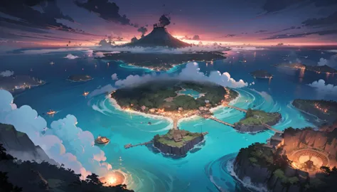 (masterpiece、premium quality、ultra detailed) , at night, map of an island in the middle of the sea, mysterious island, full of f...