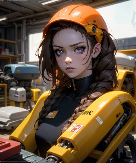 1girl, long braided brown hair, mechanic's jumpsuit, robot parts, wrench in hand, detailed face, detailed eyes, realistic, highl...