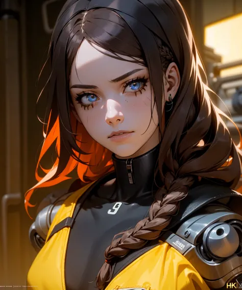 1girl, long braided brown hair, mechanic's jumpsuit, robot parts, wrench in hand, detailed face, detailed eyes, realistic, highl...