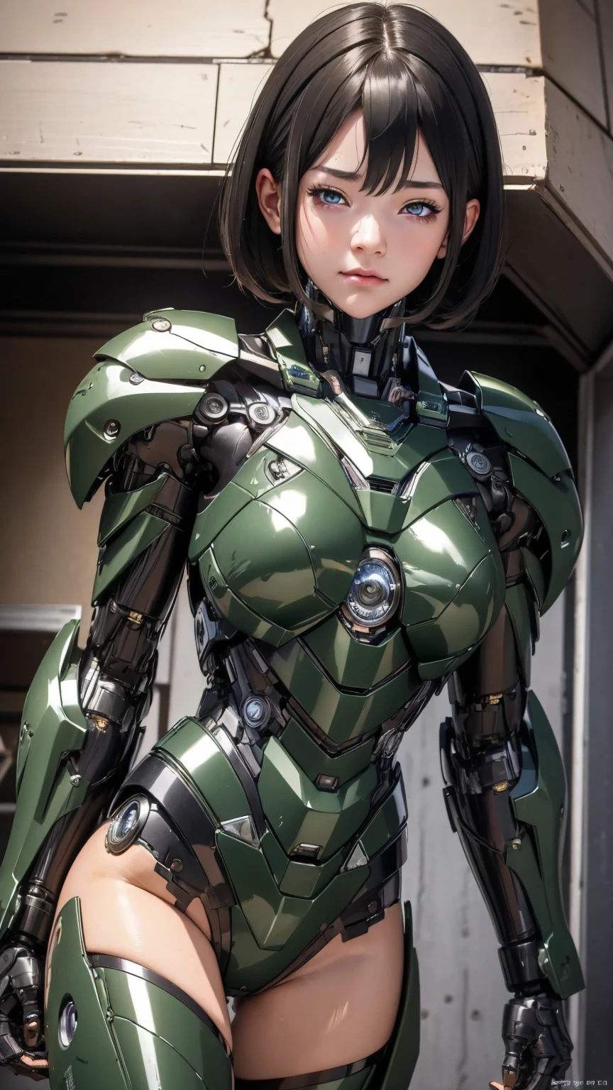 Textured skin, Very detailed, Attention to detail, high quality, 最high quality, High resolution, 1080P, hard disk, beautiful,(War Machine),beautifulサイボーグ女性,Mecha Cyborg Girl,BATTLE MODE,Girl with a mechanical body　Black Hair　Short Hair Boyish　Dark green armor　Soaked Face　Change is over　　Steam coming out of the head　((whole bodyから湯気が吹き出す)　　front　whole body