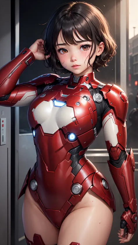 highest quality　8k iron man suit girl　elementary school girl　sweaty face　cute　short hair　boyish　steam coming from the head　my ha...