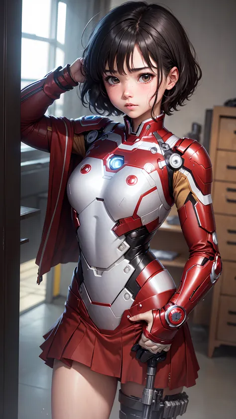 highest quality　8k iron man suit girl　elementary school girl　sweaty face　cute　short hair　boyish　steam coming from the head　my ha...