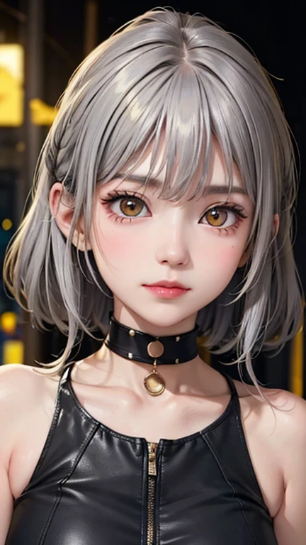 mksks style, One girl, cute, Surrounded by yellow lights, Golden Eyes, Gray Hair, Black background, close, No smiles, masterpiece, Super detailed