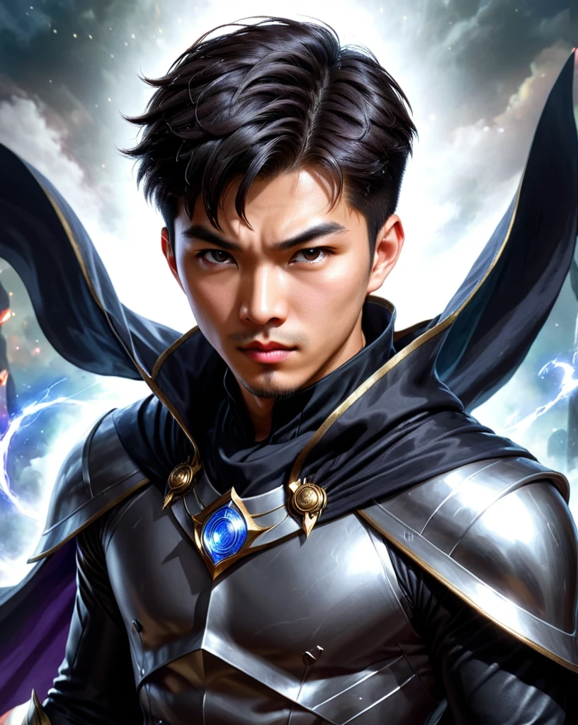 best quality, materpiece, detailed, ultra high definition, high resolution, magic the gathering, 1 male, solo, asian, close up, looking at viewers, short slick hair, cape, furious eyes, full black outfit, wizard, cowl