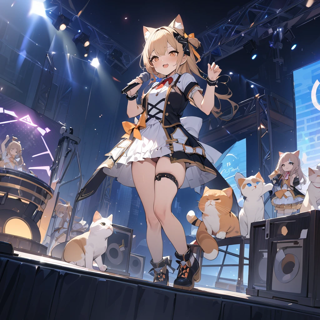 high quality, 最high quality, High resolution, masterpiece, 最高masterpiece, 8k, A cat wearing a cat idol costume, On live stage, Not personified, 前足2Book, Hind legs２Book, Stand in front of a microphone