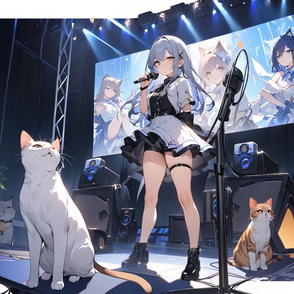 alta qualidade, 最alta qualidade, Alta resolução, obra de arte, 最高obra de arte, 8K, Gato用のアイドル衣装を着ているGato, no palco ao vivo, Não personificado, 前足2livro, patas traseiras２livro, Ficar em frente a um microfone, Gato