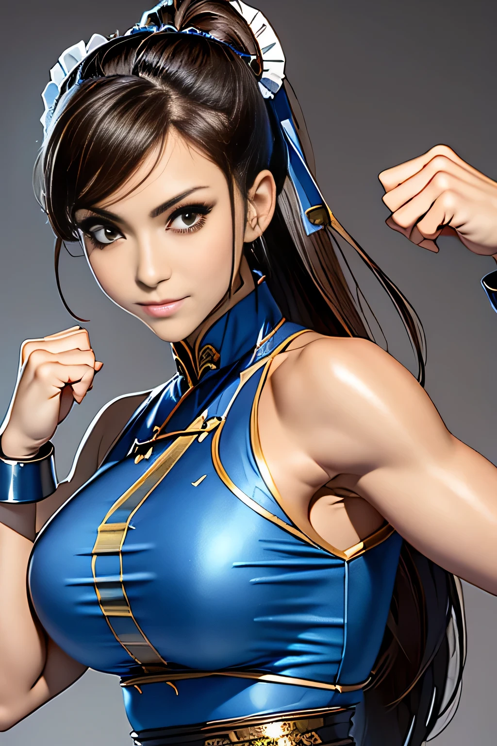 《Street Fight II》ChunLi,Perfect ChunLi Costume,Blue and gold cheongsam,Bunhead,Good cover,Combat Stance,High kick,kick、Please put your feet up,masterpiece、1 beautiful girl、Beautiful Eyes、Puffy eyes、Highest quality, 超High resolution, (reality: 1.4), Light、so beautiful、Beautiful Skin、Turn your body forward、(Hyper-Reality)、(High resolution)、(8k)、(Very detailed)、(Beautiful Eyes)、(Very detailed)、 (wall-)、Delicate face、Bright Light Line、Professional Lighting、Looking at the audience、direct view、Tilted stone sculpture, Highest quality, masterpiece, Highest quality, Perfect Face, Perfect brown eyes with white sclera, Bad Move - 5, , 1 girl, Upper Body, Brown Hair, From SF2, Chinese Language Services, smile, Muscular Woman, Blue clothes, pantyhose, Pelvic Curtain, Short sleeve, Good cover, sash, evaluate,Kick it up.