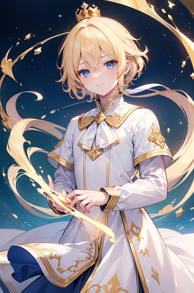 (Highest quality)　(4K)　(8k)　(High resolution)　(masterpiece:1.2)　(Super detailed)　One boy　short hair　Wizard　Blue Eyes　Long sleeve　Golden decoration　Hair between the eyes　White Dress　Wavy golden hair　Upper Body　(large crown)　(White Background)　(profile)　Face close-up　((Young))　smile　Activate magic　(Small body)　((Dress shirt))