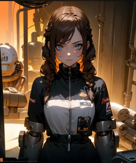 1girl, long braided brown hair, mechanic's jumpsuit, robot parts, wrench in hand, detailed face, detailed eyes, highly detailed,...