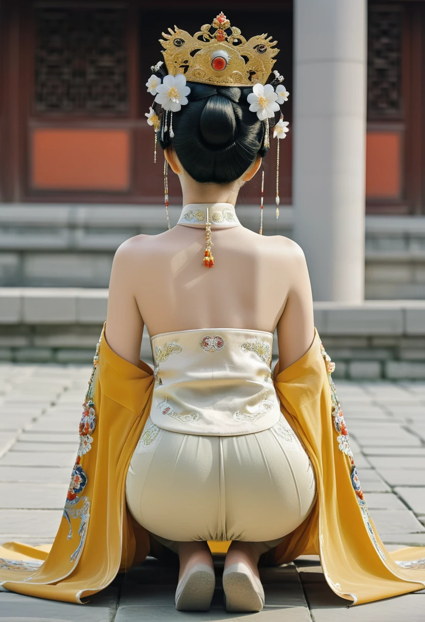 A side view of a Chinese empress on all fours, a close-up of her buttocks. The background is the stone paving outside the Chinese palace of the Qing dynasty. She is on all fours, with her hands on her chest, her big buttocks exposed, her thighs sticking out, her legs open and touching the ground, she is not wearing underwear, her buttocks sticking out are floating up.　　　　　　　　　　　　　　　　　　　　　　　　　　　　　　 Her hair was decorated with a large empress crown and large hair ornaments with flashy flowers.　 The back of the hair is tied up and up.　Erotic Woman