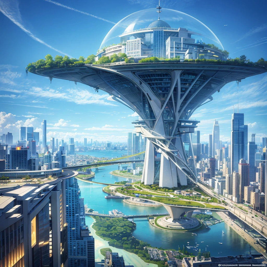 Seaside scenery, Blue sky and clouds、Ultra HD、Ultra-delicate details、(Highest quality,4K,8k,High resolution,masterpiece:1.2),Very detailed,(Realistic,Realistic,Photorealistic:1.37),Future Technology,Huge urban high-tech tablet platform,airship,Floating in the sky,Future City,小さなairshipが周囲に,High-tech hemispherical platform,Colorful lights,High-level architecture,Modern architecture,Access the cloud,Beautiful views,City view,Impressive design,Future Transportation Systems,No Parking,Transparent path,Lush greenery,waterfall,Spectacular Skyline,Reflection on the surface of the water,Shining River,Architectural Innovation,Futuristic skyscrapers,Transparent Dome,The building has an unusual shape,Elevated walkway,Impressive Skyline,Glowing lights,Future Technology,minimalist design,Scenic spots,panoramic,tower that pierces the clouds,Vibrant colors,Spectacular sunrise,Spectacular sunset,Dazzling light display,Magical atmosphere,Future City,Urban Utopia,Luxury Lifestyle,Innovative Energy,Sustainable Development,Smart City Technology,Advanced Infrastructure,Quiet atmosphere,Nature and technology coexist in harmony,Great cityscape,Unprecedented urban planning,Architecture seamlessly connects with nature,,A marvel of cutting-edge engineering,The future of urban living,A visionary architectural concept,Energy-efficient buildings,Harmony with the environment,A city floating above the clouds,Utopian dreams become reality,The possibilities are endless,Cutting-edge transportation network,Green Energy Integration,Innovative Materials,Impressive holographic display,Advanced Communication Systems,Breathtaking aerial views,Quiet and peaceful environment,Modernist aesthetics