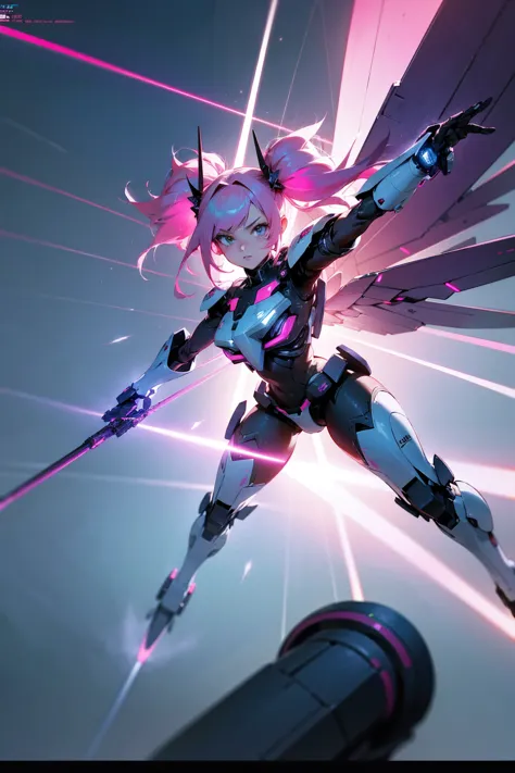 1girl, pink hair in twin tails, futuristic battle suit with wing-like thrusters, flying above a city, lasers firing from arm can...