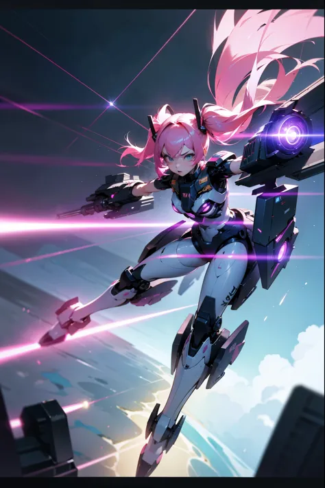 1girl, pink hair in twin tails, futuristic battle suit with wing-like thrusters, flying above a city, lasers firing from arm can...