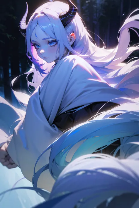 1girl, pale skin, delicate ice-blue demon horns, long lavender hair, flowing hair, walking through snowy forest, small creatures...