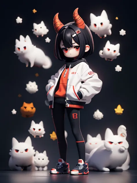 young girl,,mini character,red eyes,black hair,dark atmosphere,deformed character,horns growing,ahoge,short hair,short hair,very...