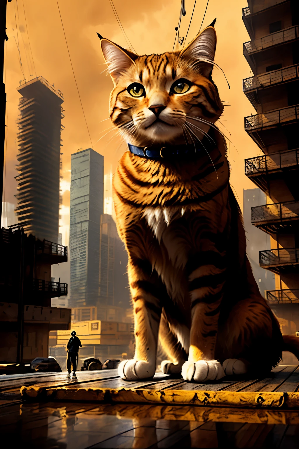 A breathtakingly cinematic illustration captures the poignant moment of a yellow cat, donning a construction worker outfit, diligently working amidst the pouring rain. The feline warrior is depicted lifting heavy building materials with a determined expression, shedding tears that glisten on its fur. The backdrop is a colossal, multi-level construction site that looms ominously in the background, its towering structures echoing the cat's resilience. The overall atmosphere of the photo is dramatically emotional, with the relentless raindrops adding a layer of intensity and pathos, painting a masterpiece of realism and emotion. This digital art is rendered in the highest quality