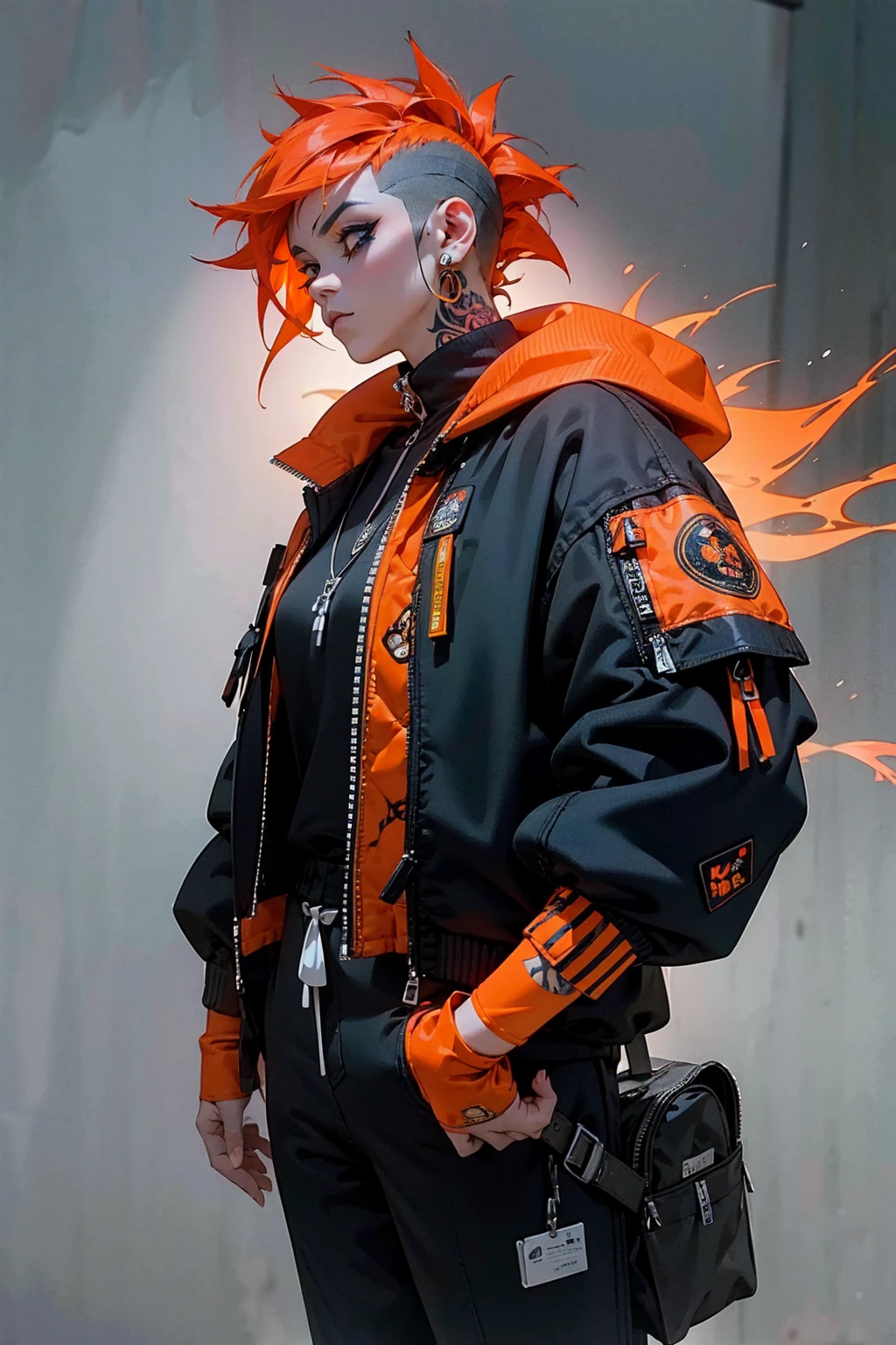 1 female, fiery orange dyed half-shaved hair, detailed tattoo sleeve featuring mythical creatures, baggy bomber jacket, foggy mystical background, cinematic lighting, masterpiece, 8k, dramatic, fantasy, digital art