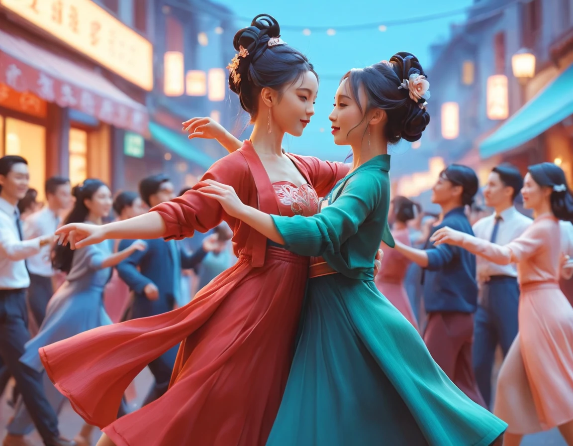 hay mucha gente bailando junta en la calle, official Arte de fan, arte oficialwork, a hermosa obra de arte illustration, ilustración oficial, Escena de baile, al estilo de atey ghailan, por Ni Yuanlu, Arte de fan, ilustraciones de fondo, arte oficial, imagen promocional de la película, bailando unos con otros, tendencia en cgstation, hermosa obra de arte digital, hermosa obra de arte