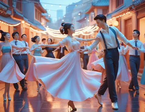 there are many people that are dancing together in the street, official fanart, official artwork, a beautiful artwork illustrati...