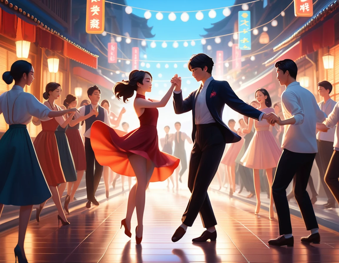 il y a beaucoup de gens qui dansent ensemble dans la rue, art numérique par Ni Yuanlu, tendance sur la société cg, art en série, official dessin de fan, art officielwork, une belle illustration d&#39;œuvre d&#39;art, illustration officielle, Scène de danse, à la manière d&#39;Atey Ghailan, dessin de fan, art officiel, oeuvre d&#39;arrière-plan, image promotionnelle du film, danser les uns avec les autres, tendance sur cgstation