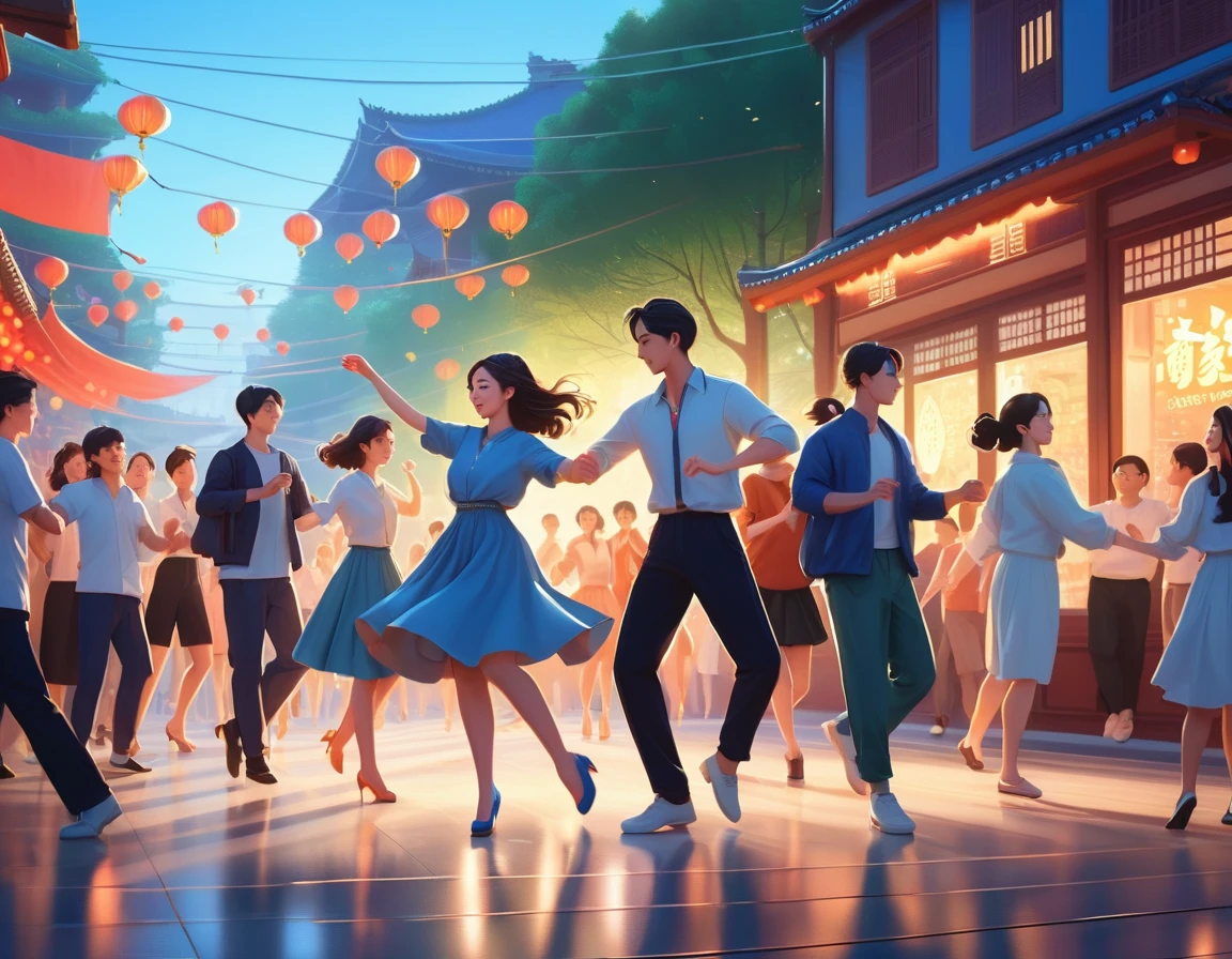 hay mucha gente bailando junta en la calle, arte digital por Ni Yuanlu, Tendencias en la sociedad CG, arte en serie, official Arte de fan, arte oficialwork, Una hermosa ilustración artística., ilustración oficial, Escena de baile, al estilo de atey ghailan, Arte de fan, arte oficial, ilustraciones de fondo, imagen promocional de la película, bailando unos con otros, tendencia en cgstation