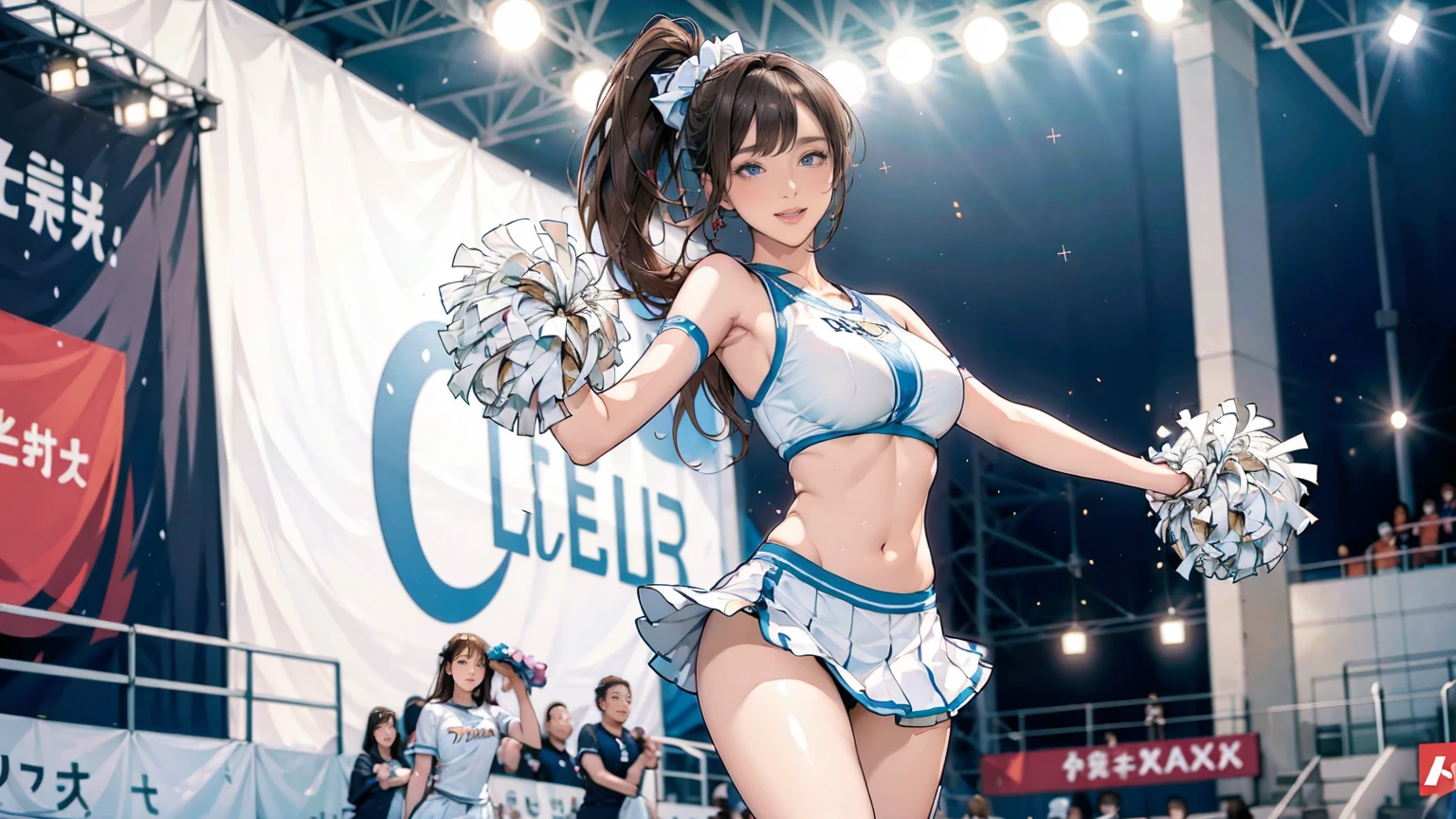 (highest quality, masterpiece:), ultra-high resolution, night, in the baseball stadium, Korean photo model, young and beautiful gravure idol, 23 years old, tight, wearing a white color Cheerleader Outfit, cheer leading, toe touch jumpping:1.5, jumpping:1.5, spreadlegs:1.3, white panties, high leg, gigantic breasts, large areola, puffy nipple:1.4, skinny, bangs, long hair, light brown hair, forehead, unkempt hair, earrings, beauty, victory smile, mature woman, please face forward and look at the camera,