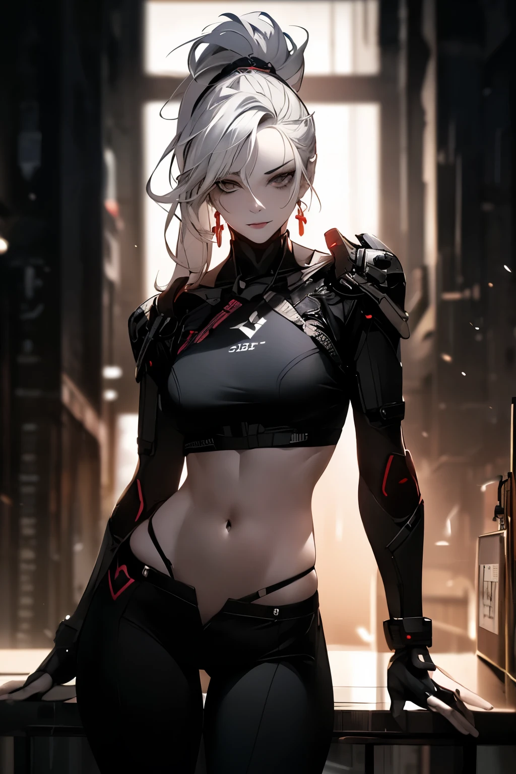 ((best quality)), ((masterpiece)), (detailed), Photorealistic, high resolution, mature woman, Image of a beautiful cyberpunk woman, Hips up, jewelry, เสื้อผ้าขนาดใหญ่, high ponytail, White hair, White eyes, หน้าอกใหญ่, HDR (high dynamic range), After processing, Anisotropic filtration,depth of field, Maximum clarity and clarity, multi-layered surface, perfect proportions, 8K raw files, กระโปรงสั้น, natural lighting, soft lighting, sunlight, Balcony, cyber Samurai, cybog, cyberpunk