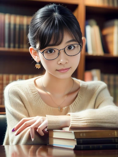   (8k, RAW photo, best quality, masterpiece), (photo realistic), outstanding details, ultra-high resolution, anatomically correct, textured skin, 

A cute 30-year-old Japanese woman, librarian arranging books in the library, 

(fearless smile:0.5),  
(Downturned Eyes:1.4), pupils sparkling,  thin lips, thin eyebrows, 
(half rim glasses), 
(lower chignon:1.4), short hair, dark brown hair, Forehead, 
off-white simple summer sweater, simple cotton flared skirt, 
Earrings, Necklace, 

(background Spacious library interior, bookshelves), 
(backlighting), 
reflection light from below, 
atmospheric perspective, depth of field, 
(dramatic lighting), cinematic lighting, 