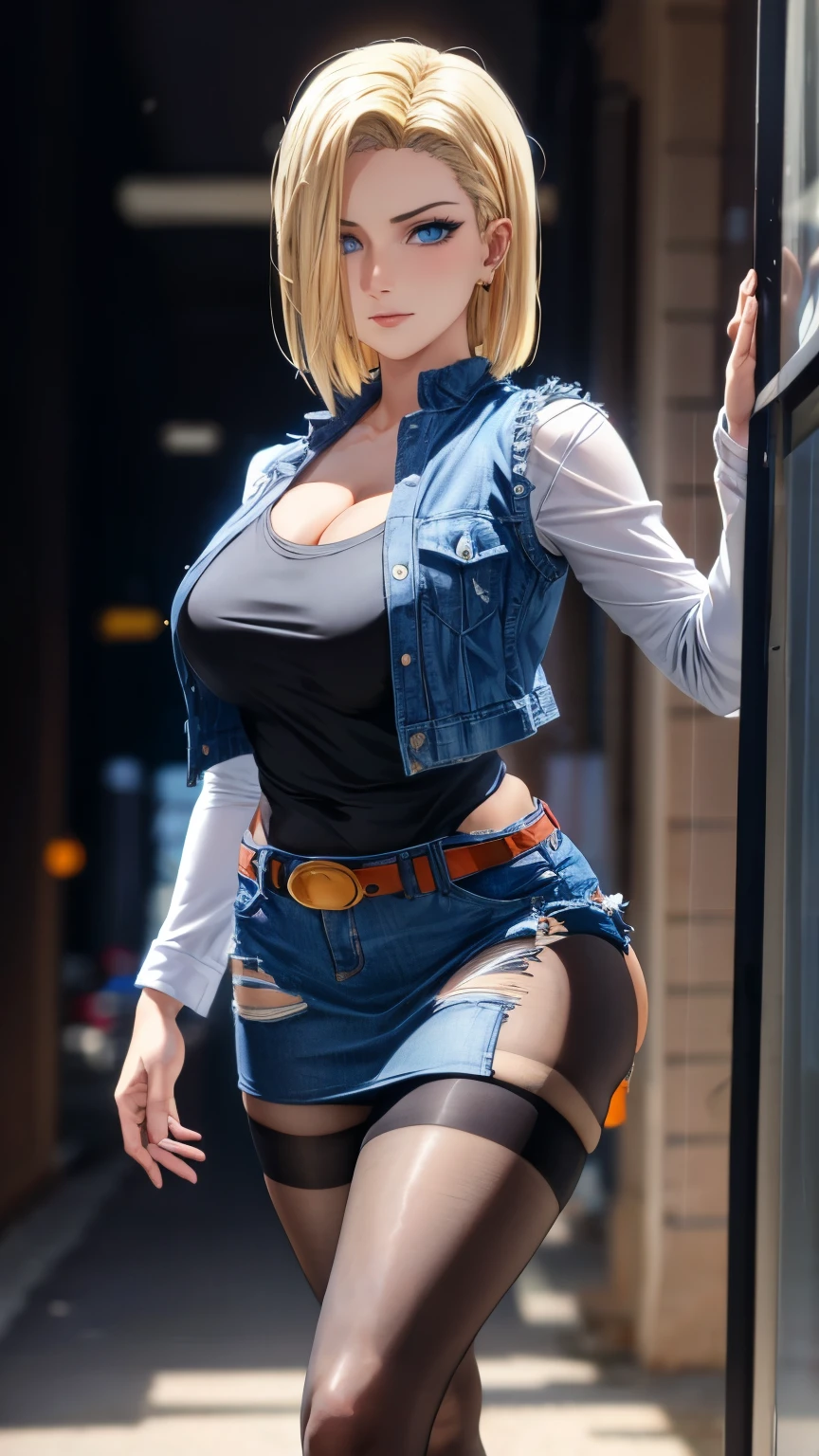 An unparalleled masterpiece, Ultra-realistic 8K CG, Perfect artwork, (One girl:1.1) , alone, ((Perfect female figure)), (Browsing Caution), View your viewers, Mature Woman, Slut (Android 18) Are standing, (teasing), Highest quality:1.1 , Seductive posture, Sexy pose, Fascinating, (beautiful), (Curvy), (thick), Blonde, (blue eyes:1.2), short hair, Earrings, jewelry, Denim dress, Open Vest, Black Pantyhose, Black Shirt, Denim skirt, long sleeves with stripes,