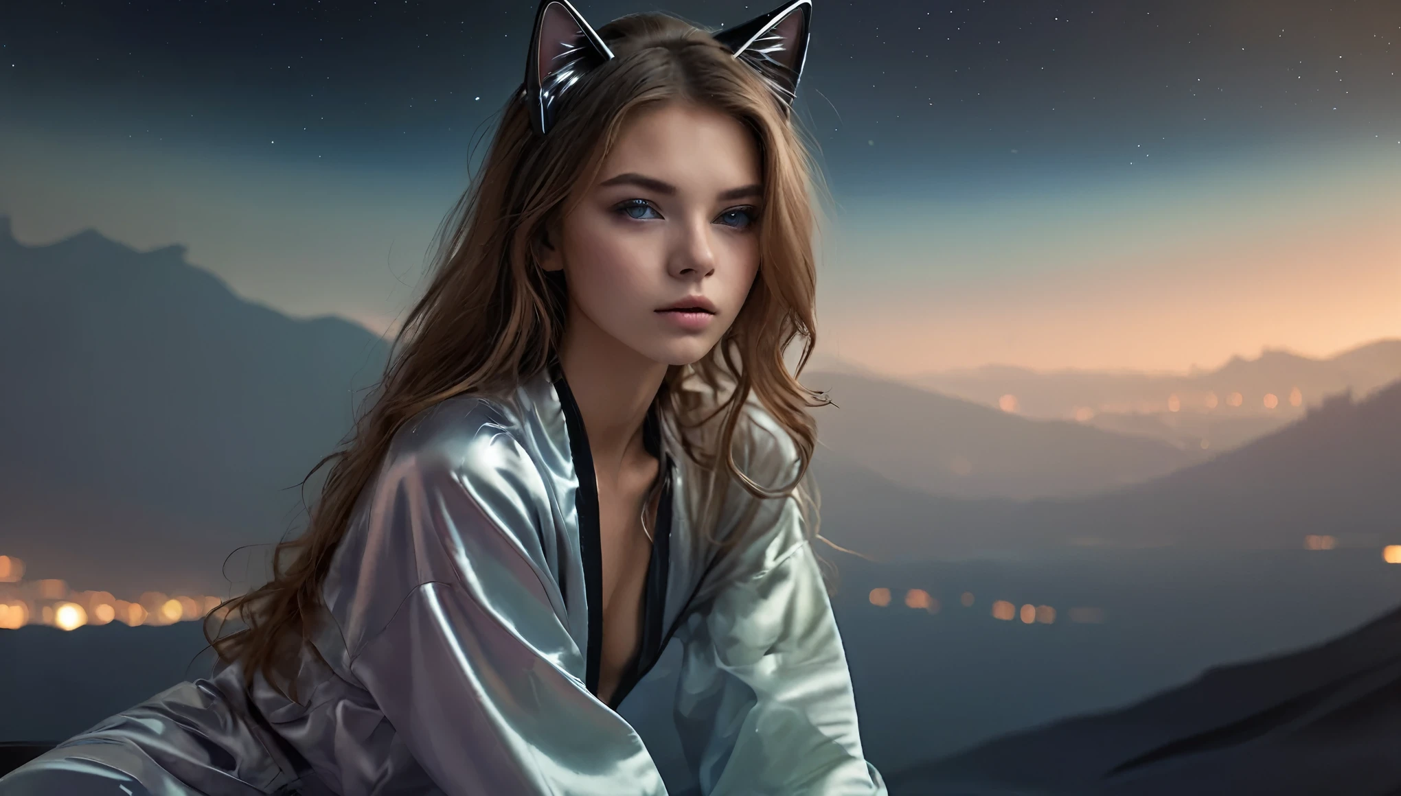 ((barely legal girl, with cat ears and choker, in an oversize shiny silky jumpsuit with plunging neckline, wide cleavage, deep neckline, small perky breasts, beautiful detailed eyes, beautiful detailed lips, small closed mouth, extremely detailed face, pale skin, random long hairstyle, small hips, lying on a bed with silk sheets, fear on the face)), moody atmosphere, dramatic and random colors, futuristic setting, intricate details, night, backlight, full body shot, view from a distance, random pose