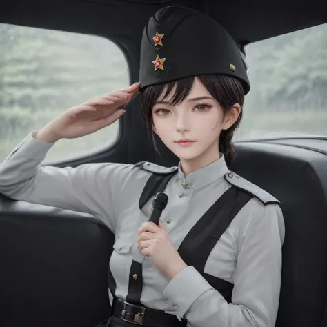 there is a man in a uniform sitting in a car, cai xukun, jk uniform, girl wearing uniform, inspired by yanjun cheng, beautiful a...