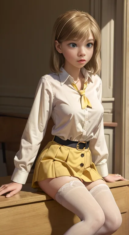 young riley andersen, neckline, diaphragm, dressed in sexy , white shirt with button, yellow tie, wide short skirt, long white s...