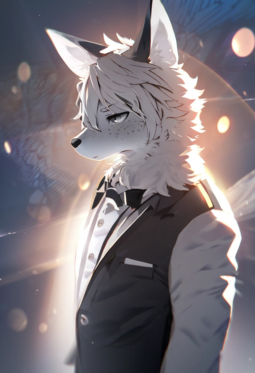 High resolution, top quality, Best Quality, paid reward available, High quality illustrations, Incomparable masterpiece(1 chico，beautiful，deep) standing in the clouds, threatening look (hairy den)（conceited），absurdities, perfect anatomy, Caustics, dynamic lighting, Lens flare, cinematic shadow, White fox, freckles white suit, black tie, Black pants, grey eyes, heavenly spear in the left hand, messy hair, anime hair, kigurumi, kemono