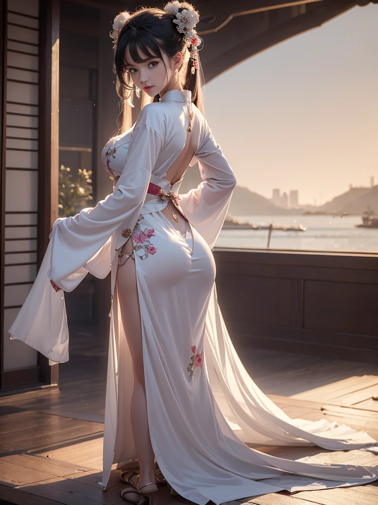 ((best quality)),((excellent quality, 8K, master piece: 1.5)), The pubic area is clear: 1.4, perfect body beauty: 1.4,  sexy hanfu clothes，sexy hanfu clothes，I can see your pants，gray hair，wet skin, sleeping in bed，back stance，pointed ass，round butt，pointed ass，Raise your ass，film texture，