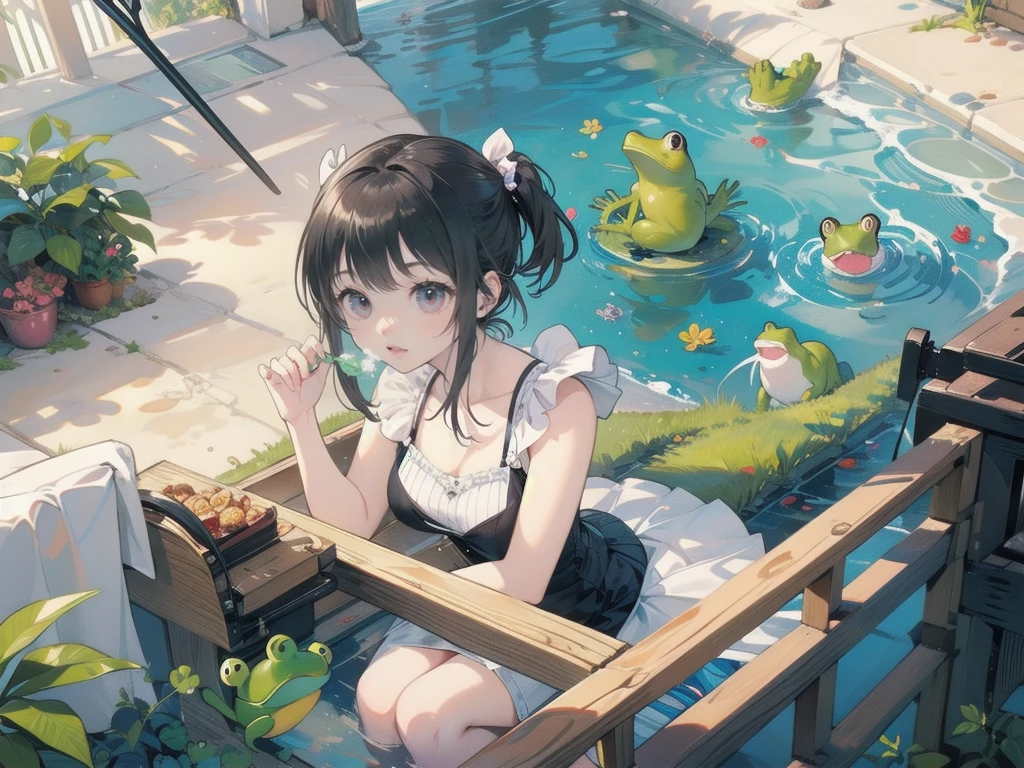 Attention to detail, Highest quality, 8k, [Super detailed], masterpiece, Highest quality, (Very detailed), 、Beautiful girl playing with a frog、Super deformed cute frog、A girl is being eaten by a frog、Girl holding a frog、