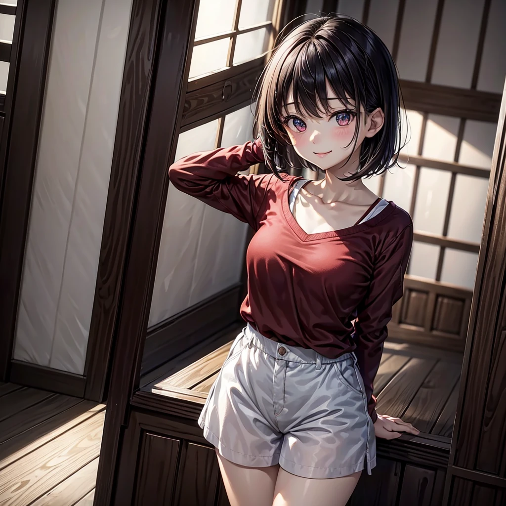 Thousand miles, 1 girl, Bangs, indoor, short hair, Smile, alone, Permanent, Sexy pose, Mid-chest, red uniform, 吊socks帶, socks, Put your hands behind your back, red edge ribbon, lyrcoris recoil,