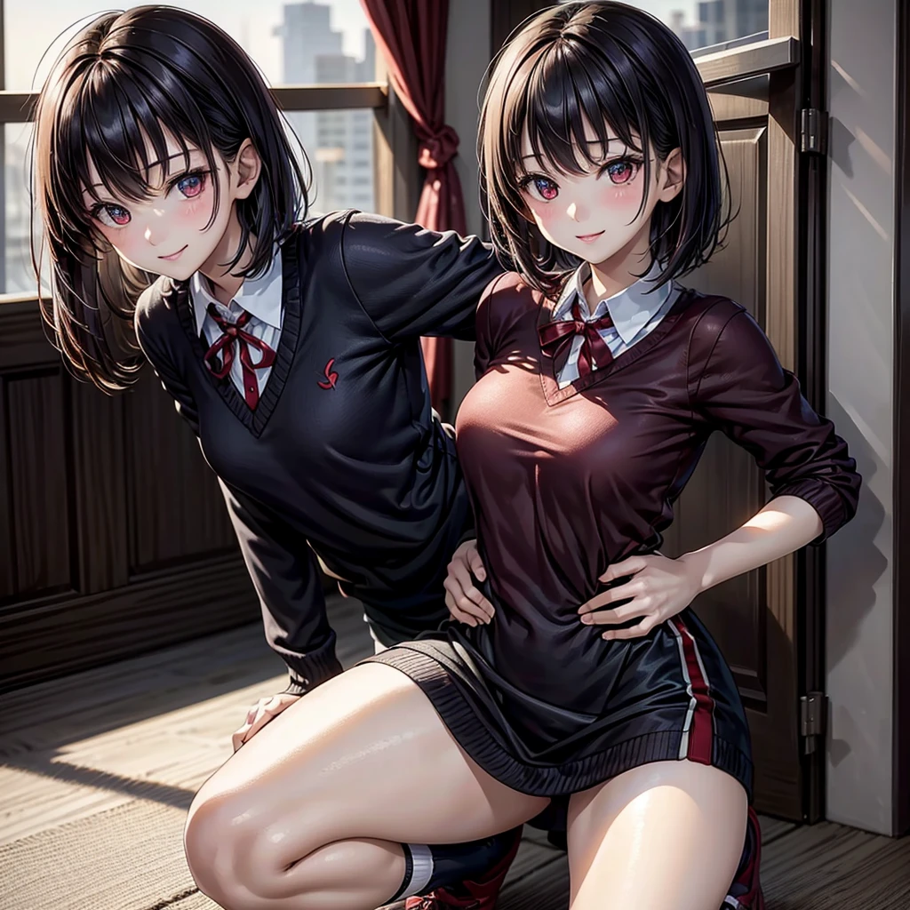 Thousand miles, 1 girl, Bangs, indoor, short hair, Smile, alone, Permanent, Sexy pose, Mid-chest, red uniform, 吊socks帶, socks, Put your hands behind your back, red edge ribbon, lyrcoris recoil,