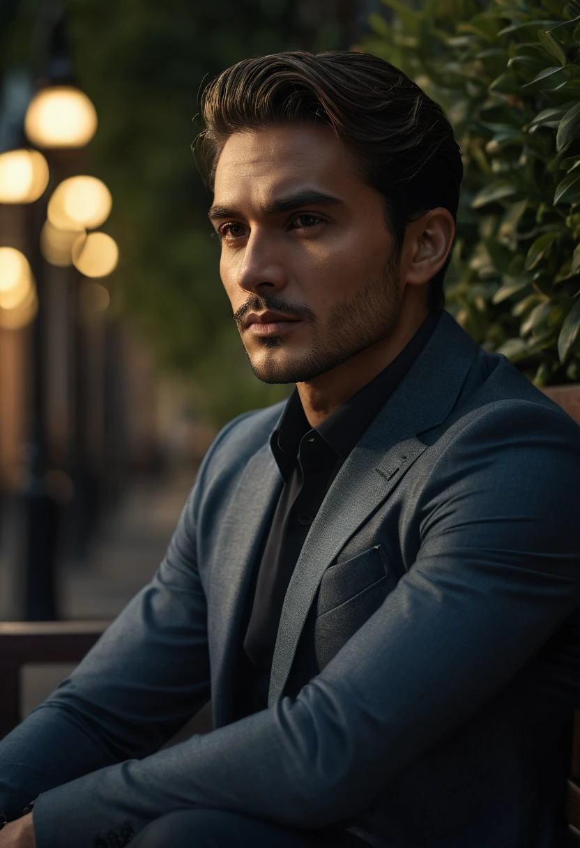 gu,a handsome man in a , sitting on a bench, looking to the side, detailed facial features, sharp focus, 8k, photorealistic, professional photography, dramatic lighting, cinematic composition, elegant attire, high-quality, hyperrealistic, intricate details, flawless skin, intense gaze, natural expression, chiaroscuro lighting, dramatic shadows, warm color tones, sophisticated style, luxurious environment