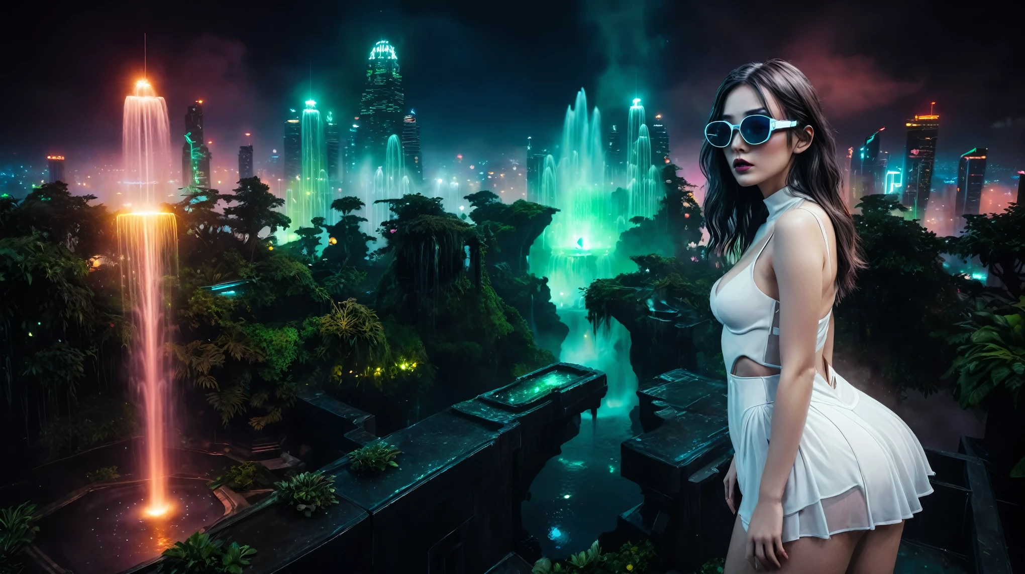 At night, aerial view of a mysterial sky garden, horror dark statue, a holographic cyberpunk city in the background with flying vehicle, fountain, waterfall, atmospheric fog, Matrix style, (1girl, solo), large-breast:1.3 D-cup slim:0.9 body, cleavage:1.3, seductive costume, (mini VR sunglasses), (((holding a pistol))), standing, half-body thigh level medium shot, depth of field, cinematic lighting, ray tracing.