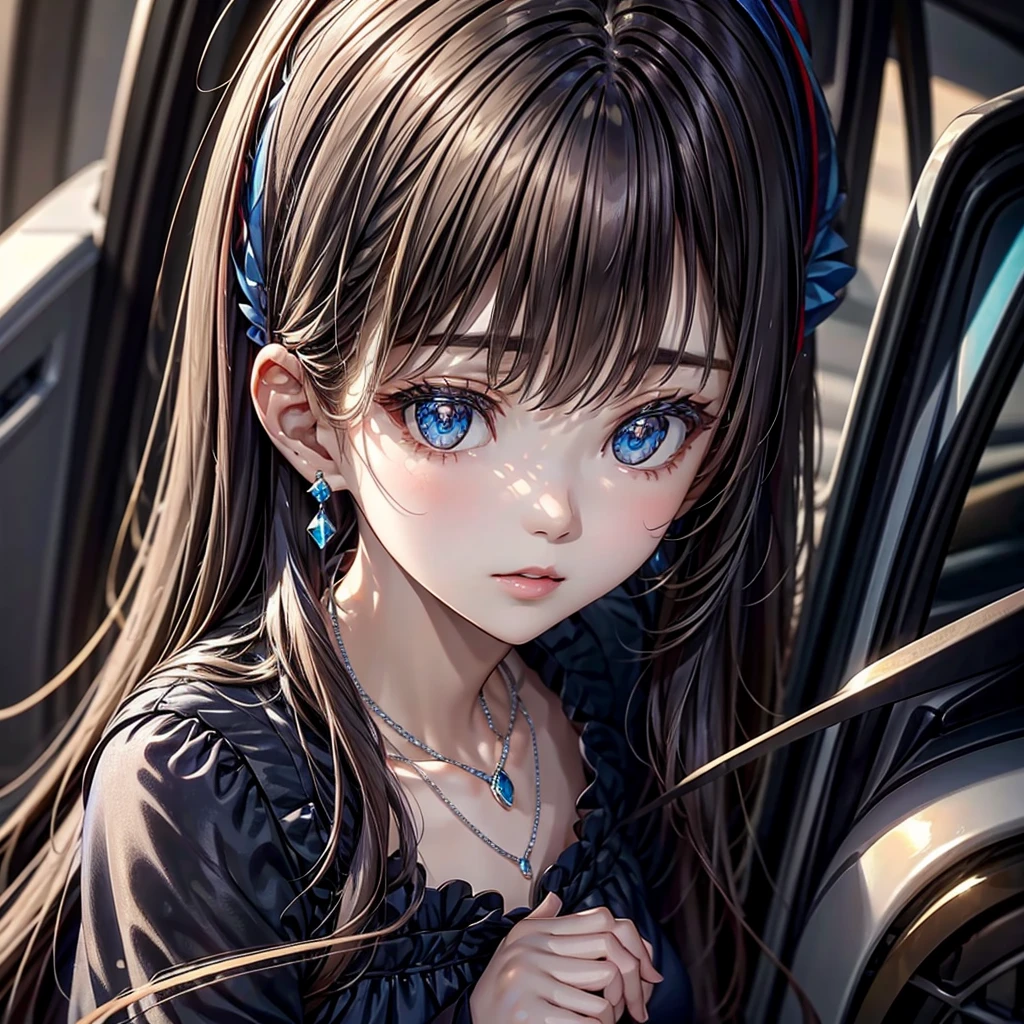 Quartz. Louis (luxury wheels) (Azure Lane), 1 girl, hair accessories, earrings, necklace, portrait, Silver dress, Revealing clothes, looking at the audience, alone