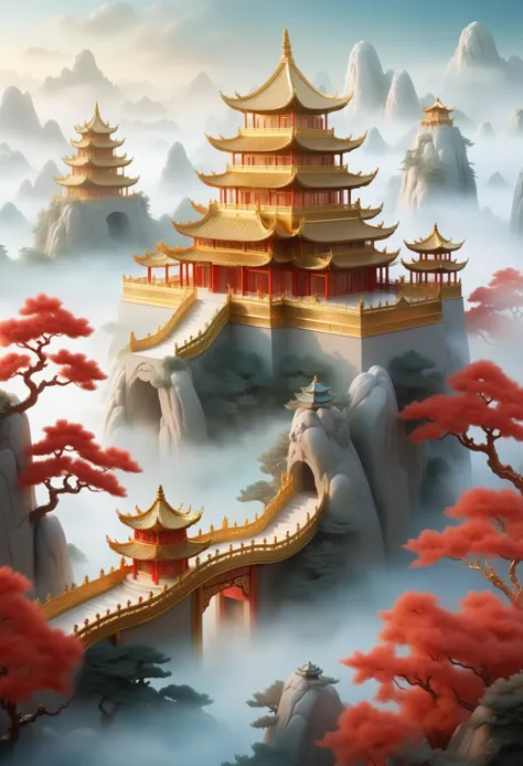 gold and red, Palace in the sky, Chinese Jade, golden palace, Baiyun, wonderland,
mist, Big Scene, Dark white、Gold and light sky...