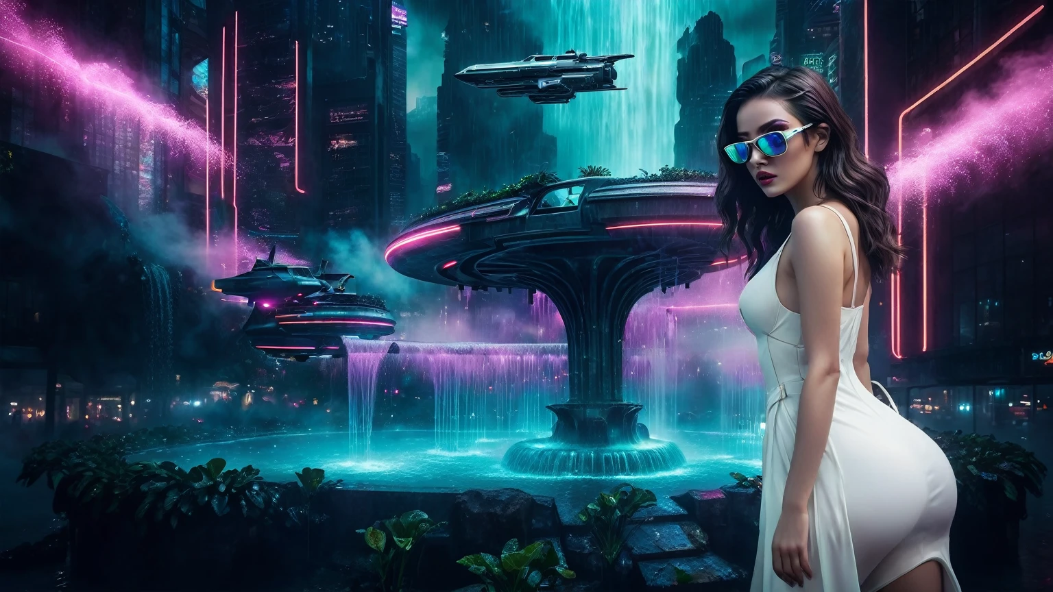 At night, aerial view of a mysterial sky garden, horror dark statue, a holographic cyberpunk city in the background with flying vehicle, fountain, waterfall, atmospheric fog, Matrix style, (1girl, solo), large-breast:1.3 D-cup slim:0.9 body, cleavage:1.3, seductive costume, (mini VR sunglasses), (((holding a pistol))), standing, half-body thigh level medium shot, depth of field, cinematic lighting, ray tracing.