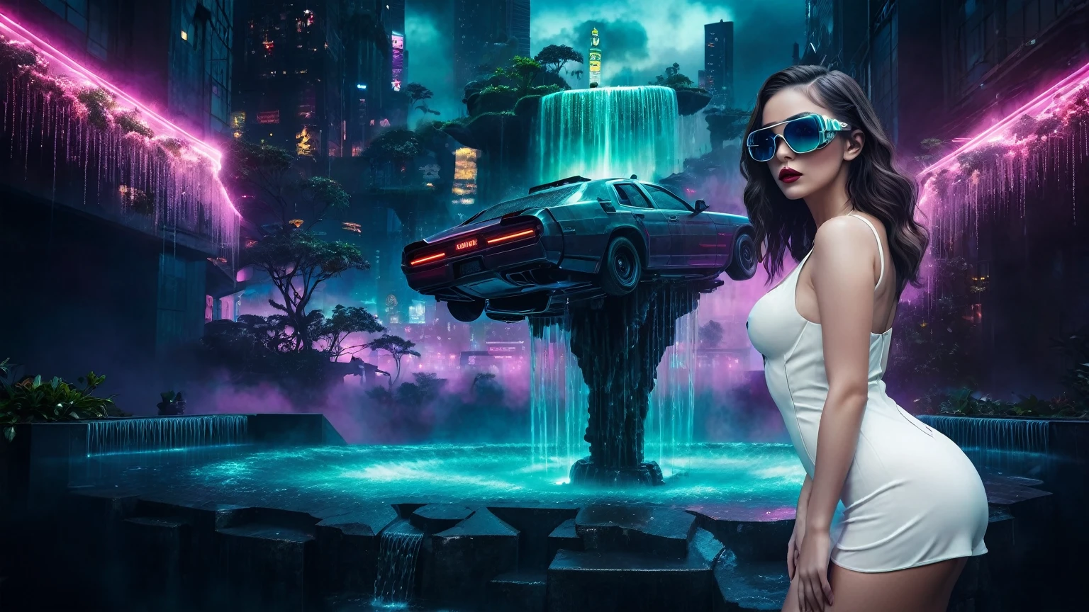 At night, aerial view of a mysterial sky garden, horror dark statue, a holographic cyberpunk city in the background with flying vehicle, fountain, waterfall, atmospheric fog, Matrix style, (1girl, solo), large-breast:1.3 D-cup slim:0.9 body, cleavage:1.3, seductive costume, (mini VR sunglasses), (((holding a pistol))), standing, half-body thigh level medium shot, depth of field, cinematic lighting, ray tracing.