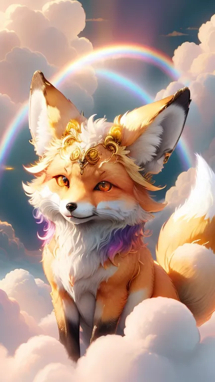 god々cute fox１animal、rainbow fox、aura of the rainbow,looking into the camera、look at this、background gold、floating in the clouds