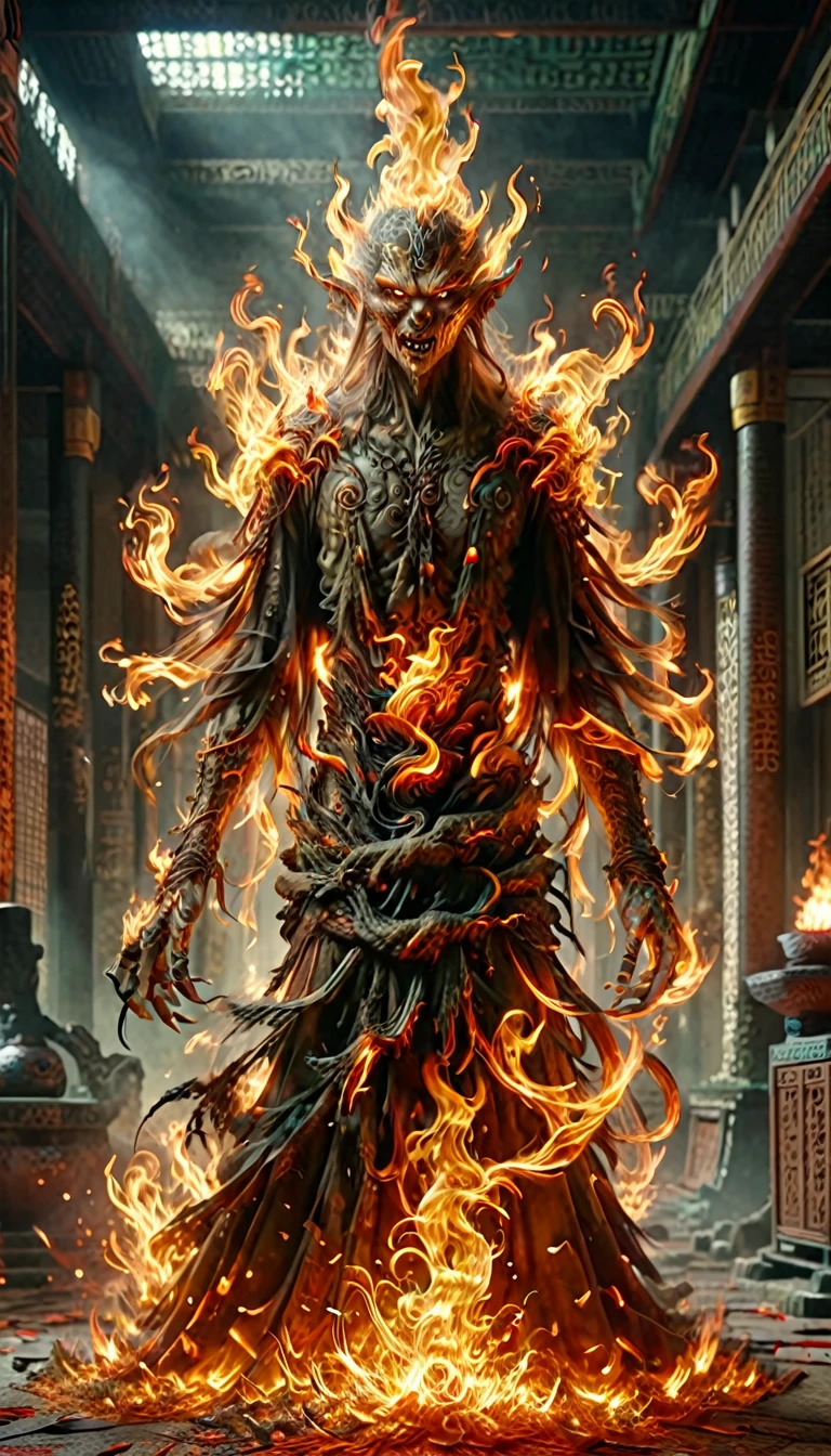 Draw the image of a Chinese Shura ghost，He has multiple heads，Multiple arms，Multiple eyes，Fierce and fierce face，Each arm holds a different weapon，Anger in the eyes，Unusual skin color，The overall image exudes a fierce momentum，Surrounded by flames。Ultra-high resolution，Best quality，Canon，photography，Reality，Surrealism，Realism，style