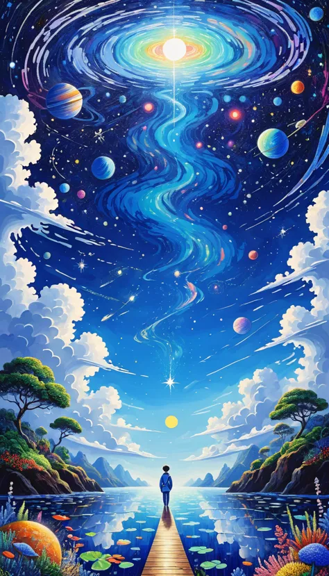 psychedelic art。plant、marine life、(((charming eyes)))、cloud、starry sky，galaxy、planet、abstract painting of joints，describing the ...