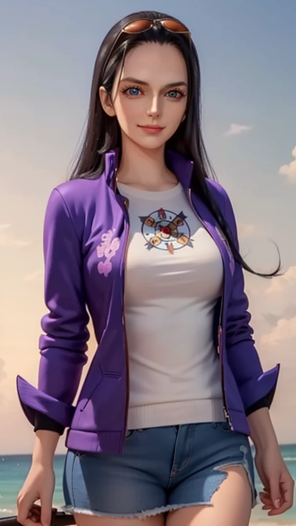 (Masterpiece), 1girl, high quality, best quality, extremely detailed eyes, extremely detailed body, blush, highly detailed, Nico robin, one piece, Long Straight black hair, blue eyes,  looking at viewer, smile, big breasts, closed mouth, 1girl, purple jacket, upper body, open clothes, eyewear on head, hair slicked back, red sweater