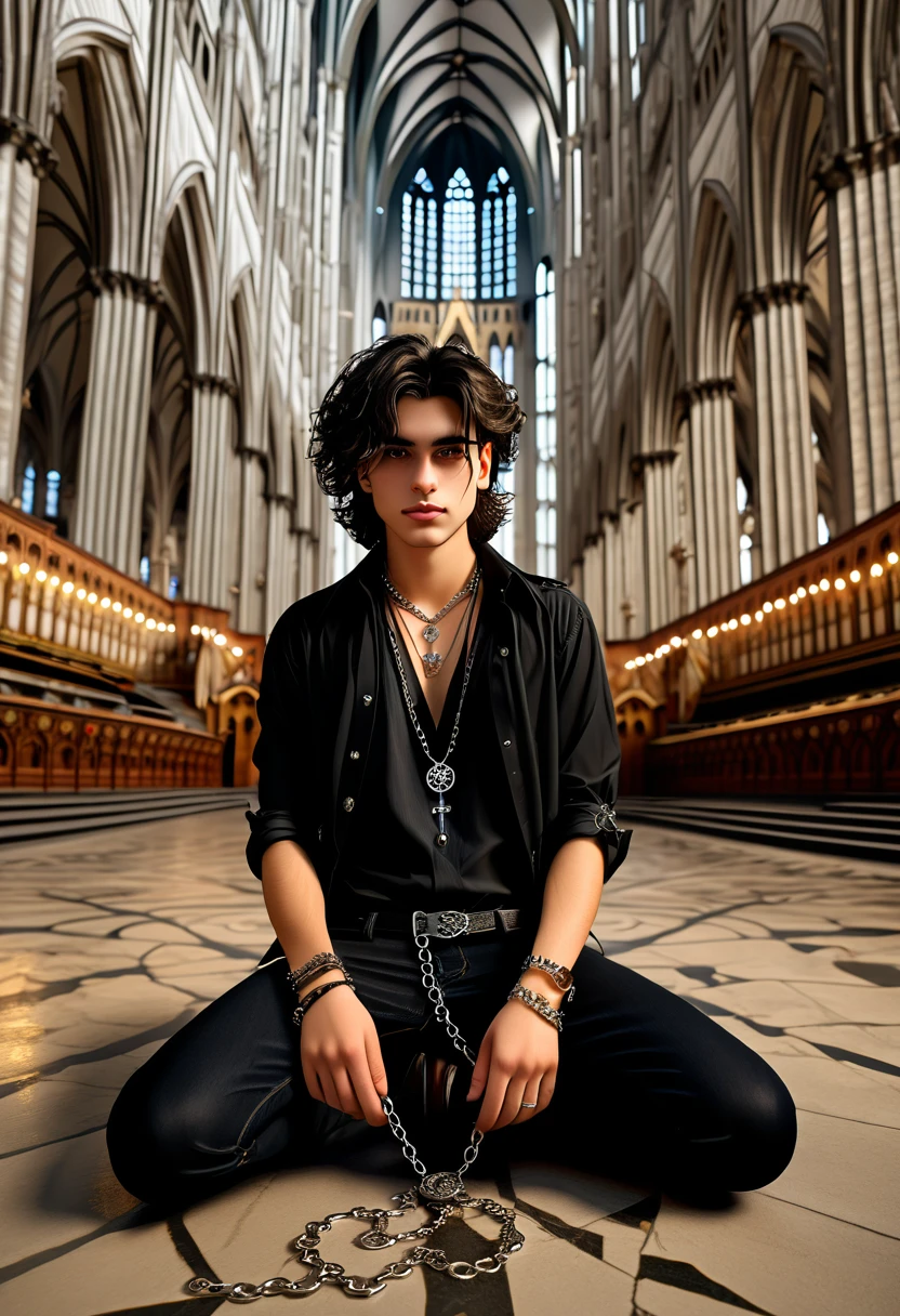 Gothic medium haired young man with aesthetic chain jewellery is posing on the floor inside of the Cologne Cathedral of Germany