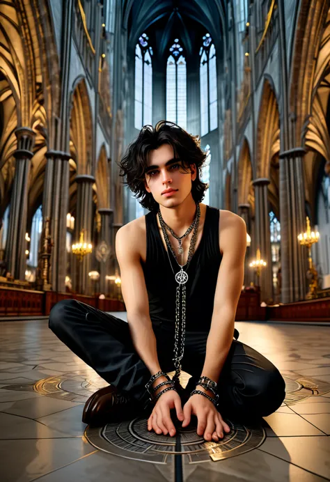 gothic medium haired young man with aesthetic chain jewellery is posing on the floor inside of the cologne cathedral of germany ...