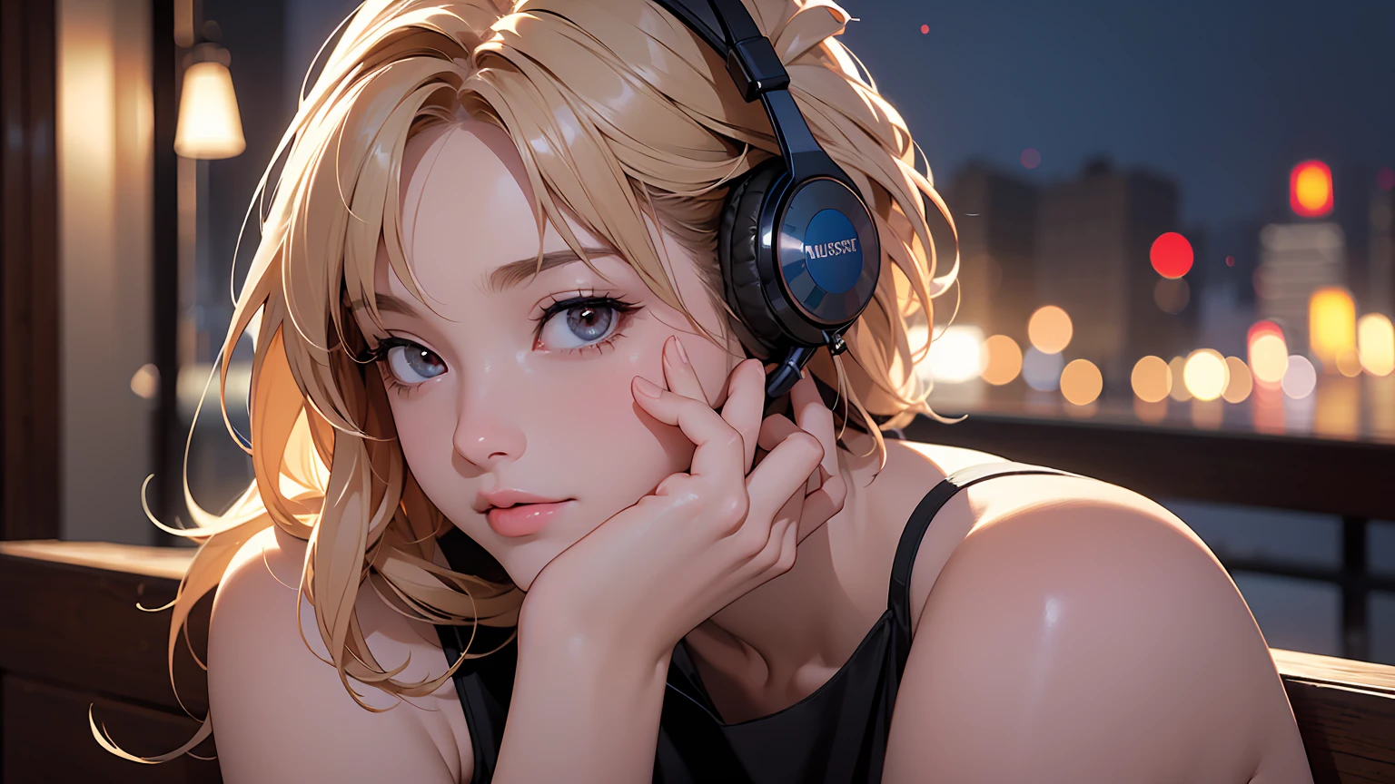 masterpiece、high resolution 8k、NSFW、sharp focus、contrast lighting、fine skin、muste piece、 highest quality、Ultra - High resolution、Super high resolution、Highly detailed CG,  realisticlying, 1 girl, Beautiful, wearing headphones, enjoying hot coffee solo, Late Night Cafe, looking to viewer, city, starry sky, cloud, night.